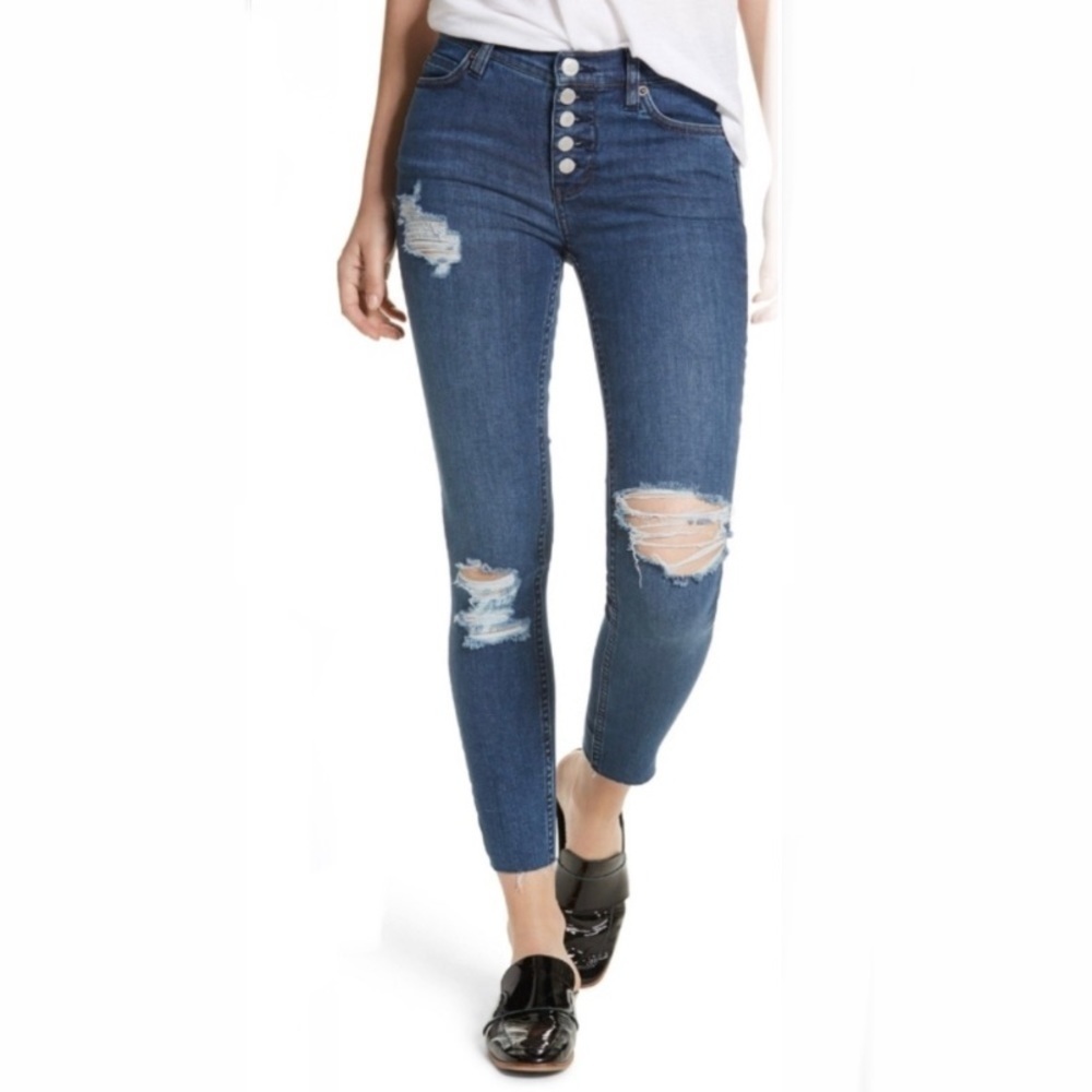 Free People‎ Raw Hem Button Fly Skinny Jeans in Blue Size 25